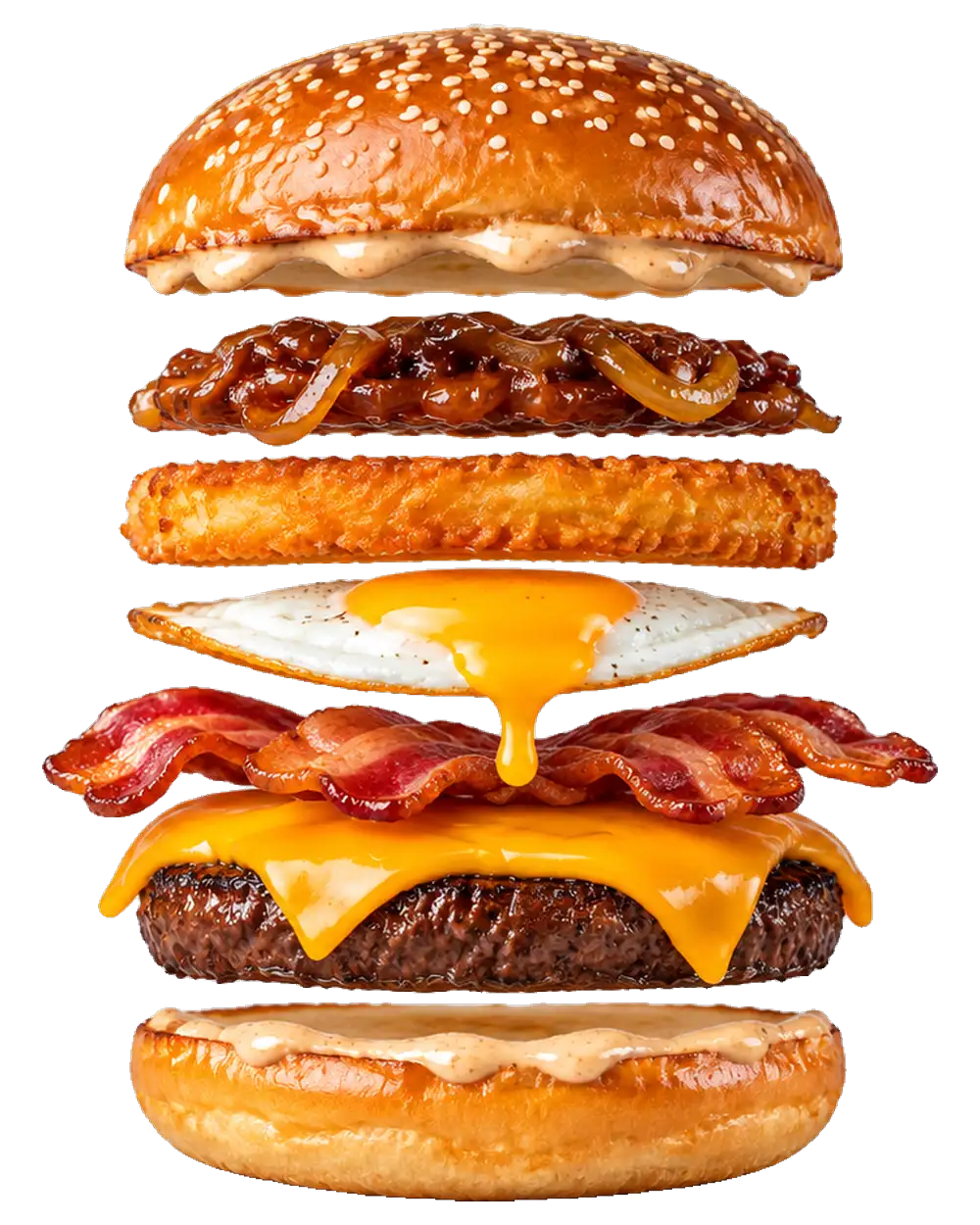 The Breakfast Bandit, exploded: Smashed beef patty, Runny fried egg, Crispy hash brown, Streaky bacon, Cheddar, Maple onion jam, Brioche bun