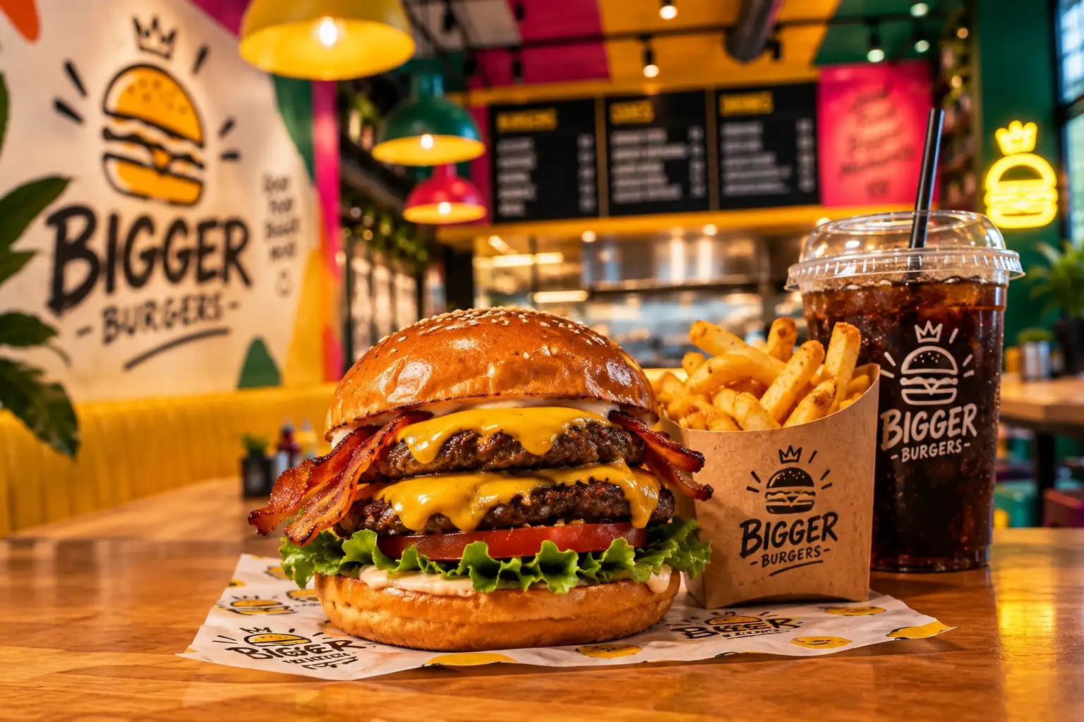 A Cheese Monster with crown fries and a cola on the counter at Bigger Burgers