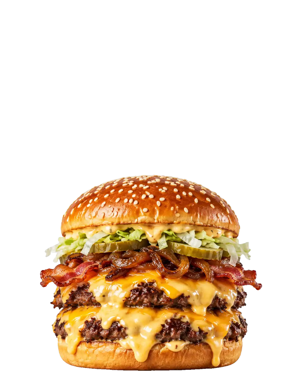 The Cheese Monster: two smashed patties, double cheese and bacon on a sesame bun