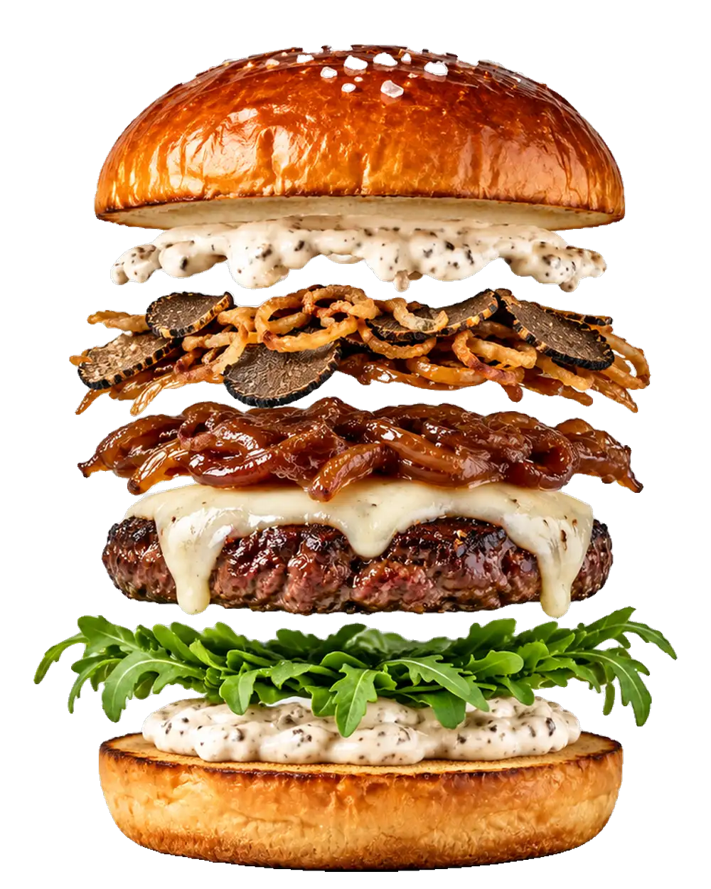 The Fancy Cow, exploded: Smashed beef patty, Melted brie, Wild mushrooms, Crispy shallots, Caramelised onions, Truffle aioli, Rocket, Brioche bun