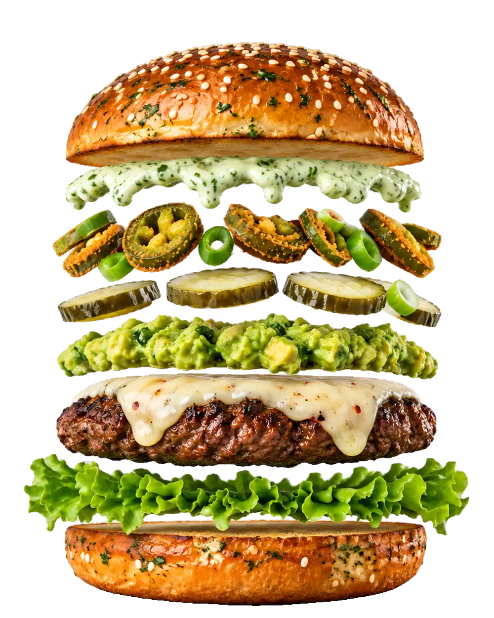 The Green Goblin, exploded: Smashed beef patty, White cheddar, Smashed avocado, Jalapeños and pickles, Garlic herb sauce, Crisp lettuce, Herb-crusted bun
