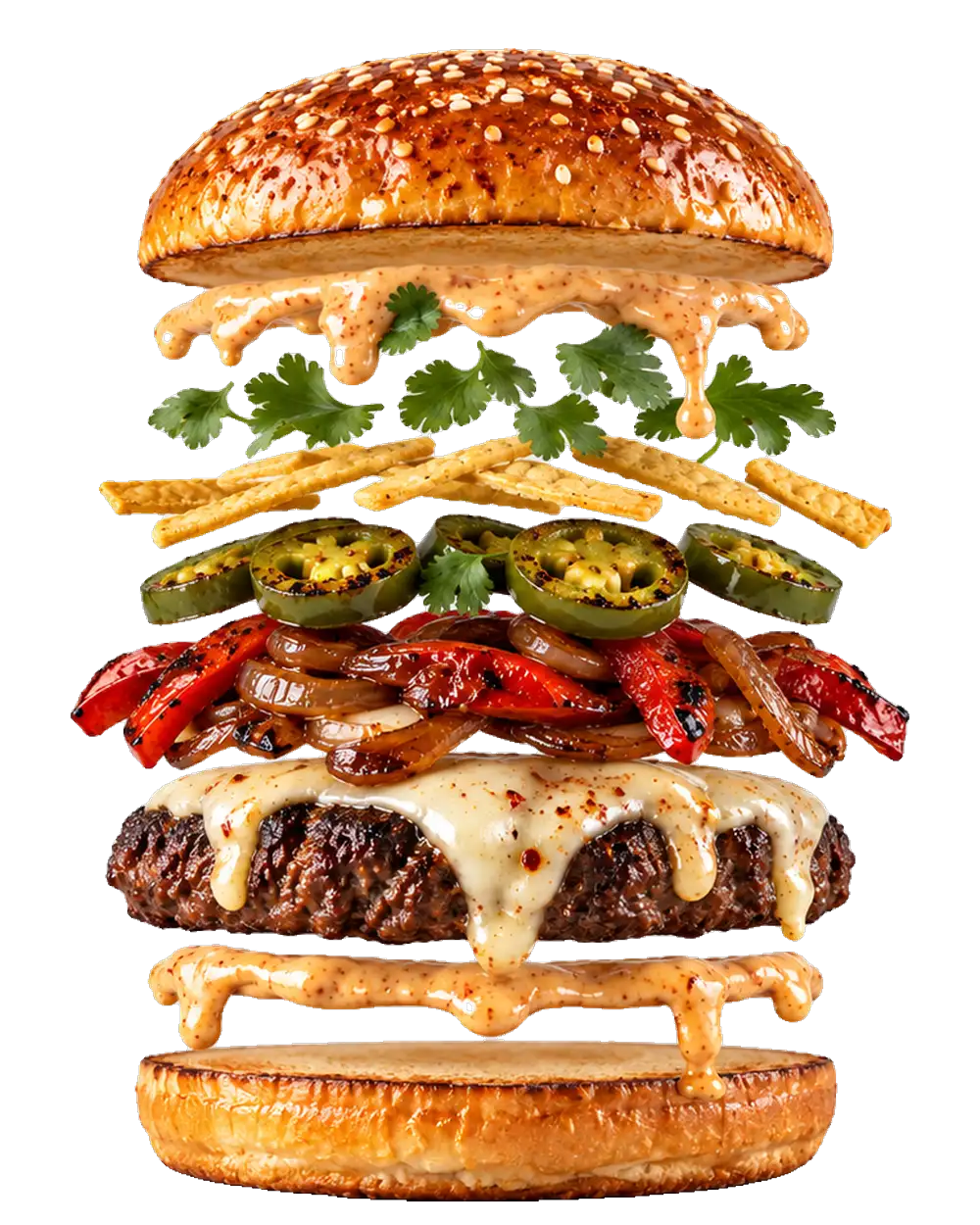 The Hot Mess, exploded: Smashed beef patty, Pepper jack queso, Pickled jalapeños, Fire-roasted peppers, Tortilla crunch, Cilantro, Chipotle mayo, Toasted sesame bun