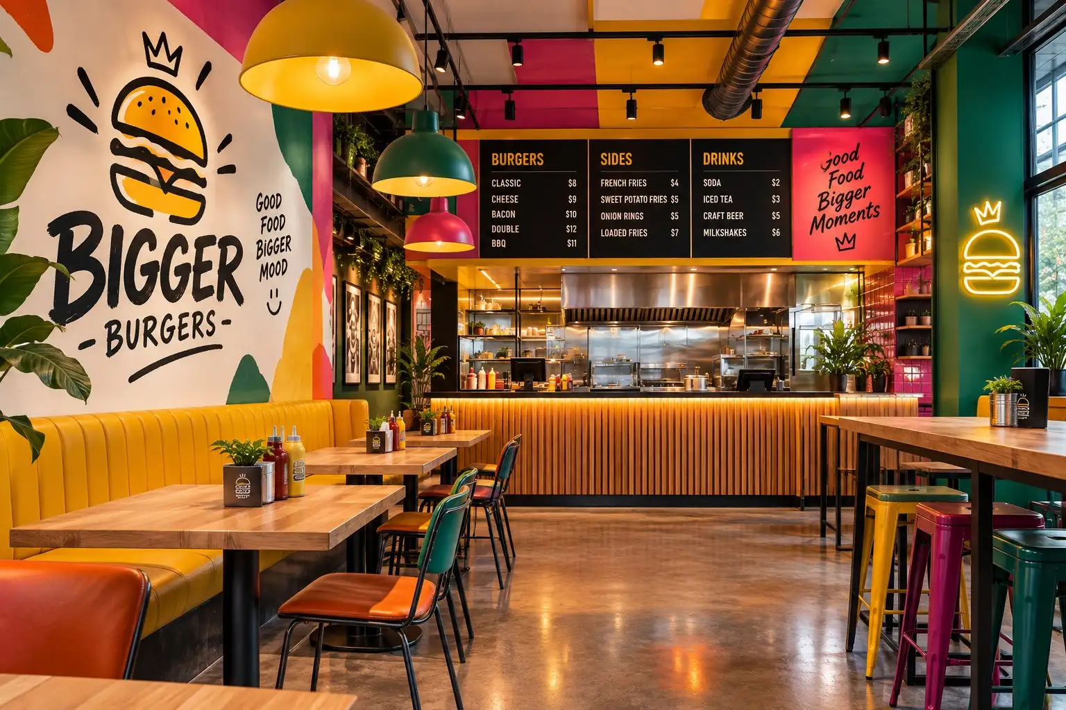 Mustard booths under the neon crown burger sign