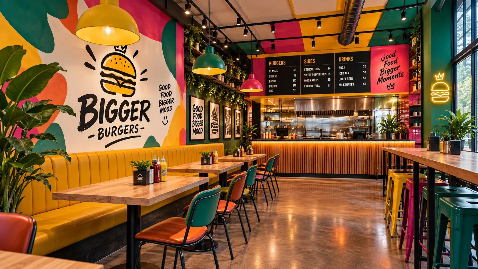 The counter and menu board at Bigger Burgers