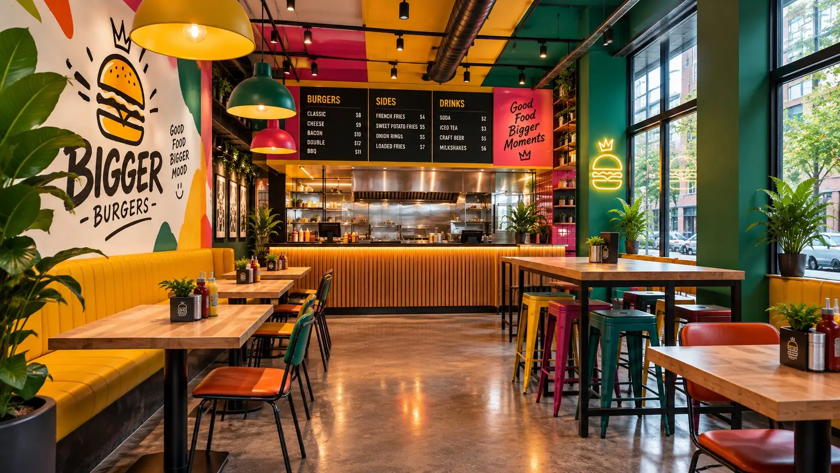 The Bigger Burgers dining room: mustard banquettes and the crown logo painted on the wall