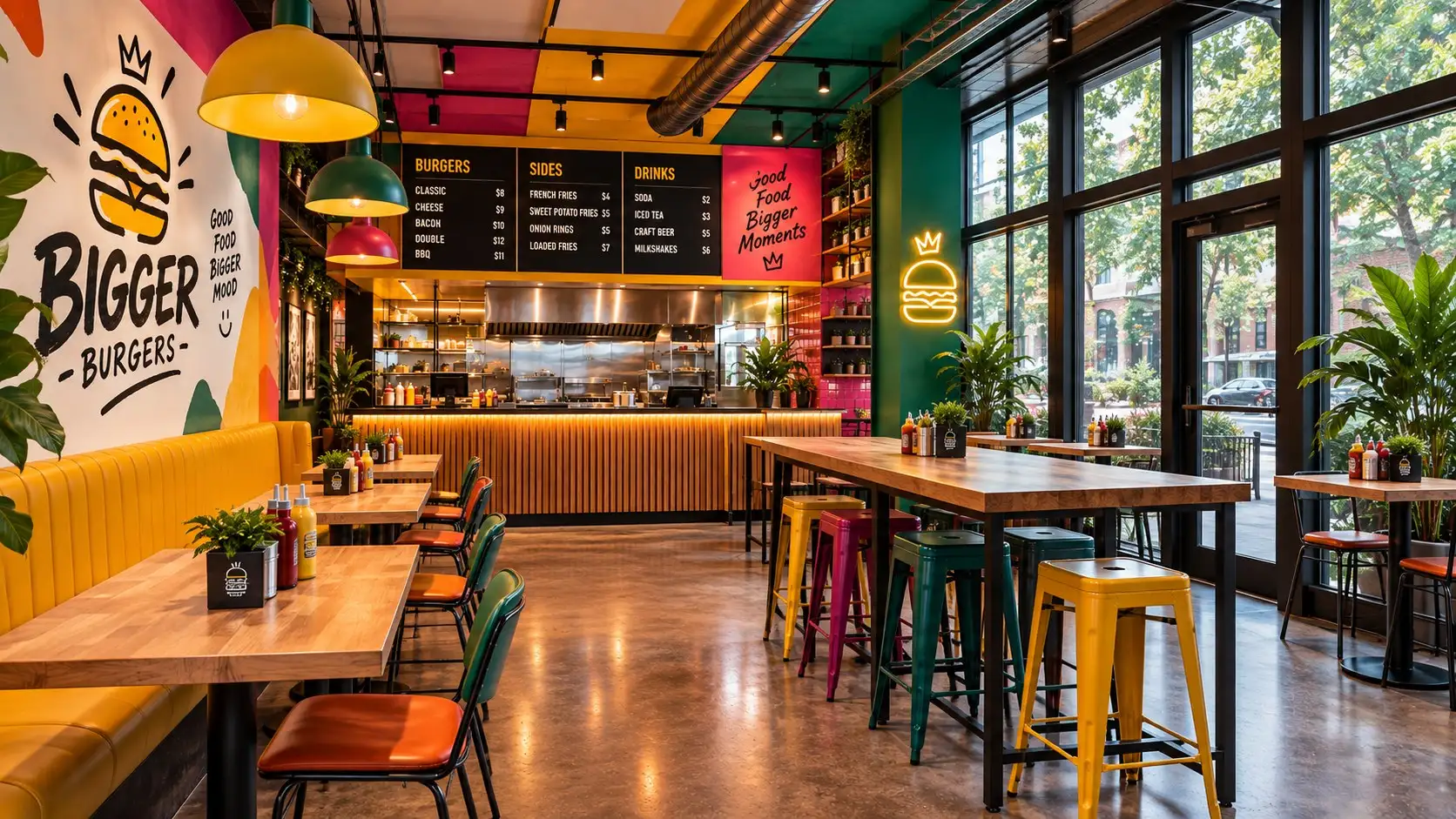 Big windows and tall stools along the bar