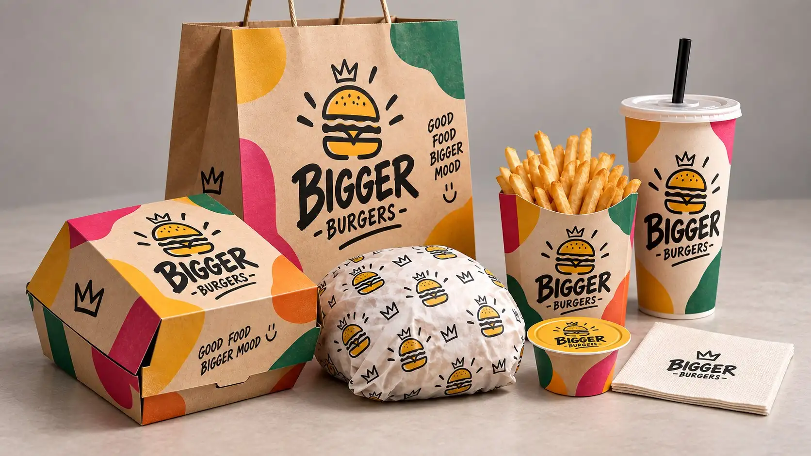 A Bigger Burgers kraft bag, burger box, fries and a cup in the brand’s colour blobs