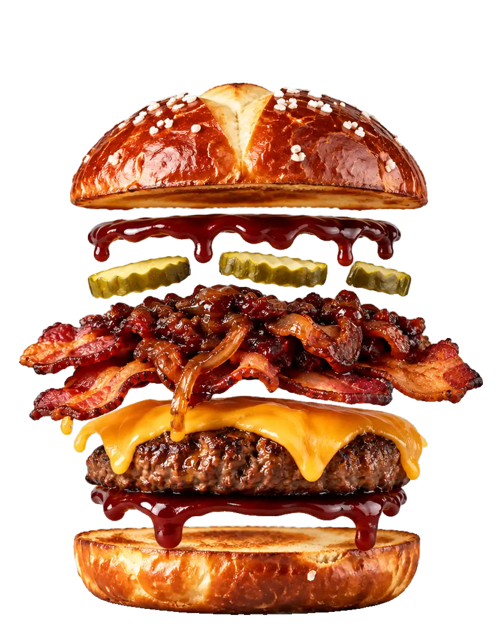 The Piggy Bank, exploded: Smashed beef patty, Caramelized bacon, Aged cheddar, Bread-and-butter pickles, Smoky BBQ sauce, Pretzel bun